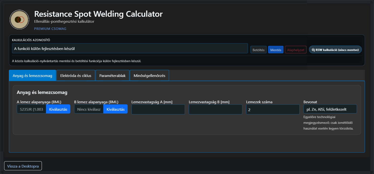 A WeldExp Modules Resistance Spot Welding Calculator ellenállás-ponthegesztési moduljának fejlesztés alatt álló kezelőfelülete.