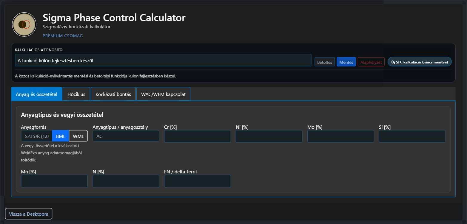 A WeldExp Modules Sigma Phase Control Calculator szigmafázis-kockázati moduljának fejlesztés alatt álló kezelőfelülete.