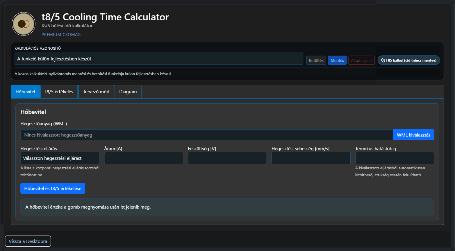 A WeldExp Modules t8/5 Cooling Time Calculator hűlési idő tervező moduljának fejlesztés alatt álló kezelőfelülete.