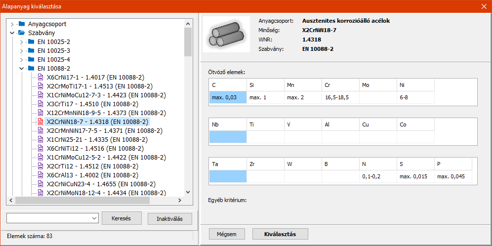 A Base Material Library alapanyag-kiválasztó felülete szabvány szerinti választással