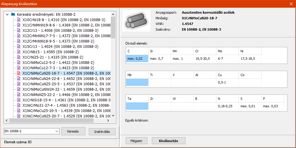 A Base Material Library keresőfelülete a megfelelő anyagminőség kiválasztásához