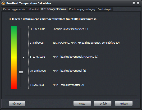 A Pre-Heat Temperature Calculator diffúzióképes hidrogéntartalom-beállító skálája elektróda- és hegesztési eljárás kategóriákkal