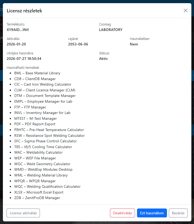 Administrative Lizenzdetailoberfläche des WeldExp Client Licence Manager