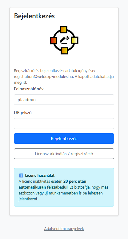Client-Licence-Manager-Anmeldeoberfläche der WeldExp-Webanwendung