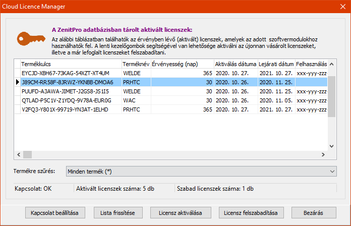 A Cloud Licenc Modul kezelőablaka a WeldExp licencek felvételéhez és felszabadításához
