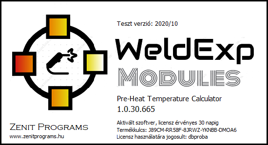 A Pre-Heat Temperature Calculator kezdőképernyője sikeres CLM licencaktiválás után