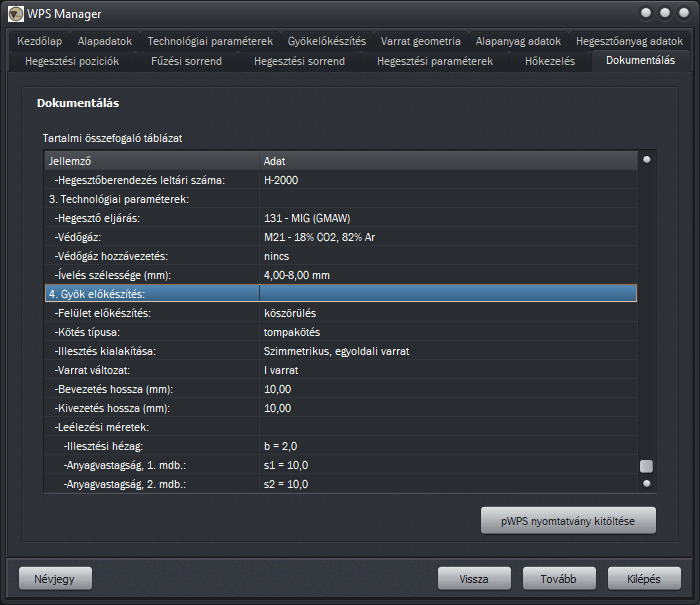 A WPS Manager Dokumentálás füle a hegesztési technológia összesítő táblázatával