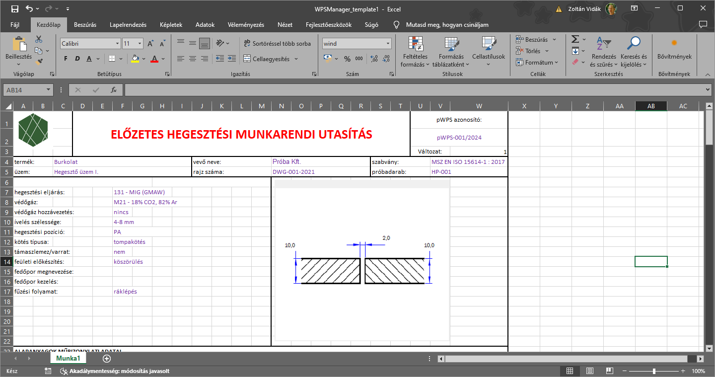 A WPS Manager Excel-exportot és pWPS dokumentumgenerálást kezelő felülete