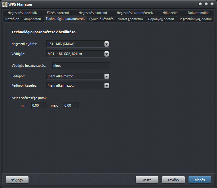 A WPS Manager technológiai paramétereket valamint hegesztési eljárást és védőgázt beállító felülete