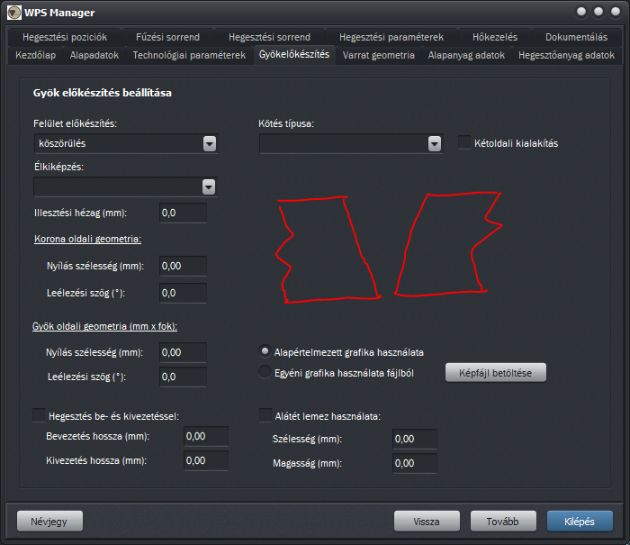 A WPS Manager gyökelőkészítési geometriát és illesztési adatokat kezelő felülete