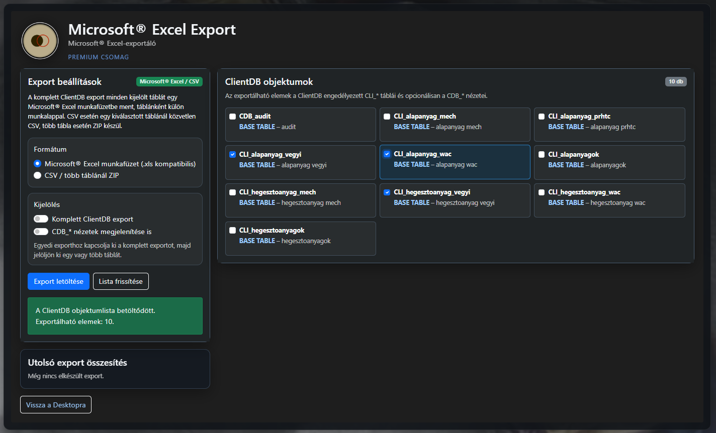 A WeldExp Modules Excel Export felülete kijelölt ClientDB táblákkal és Excel vagy CSV kimeneti beállításokkal